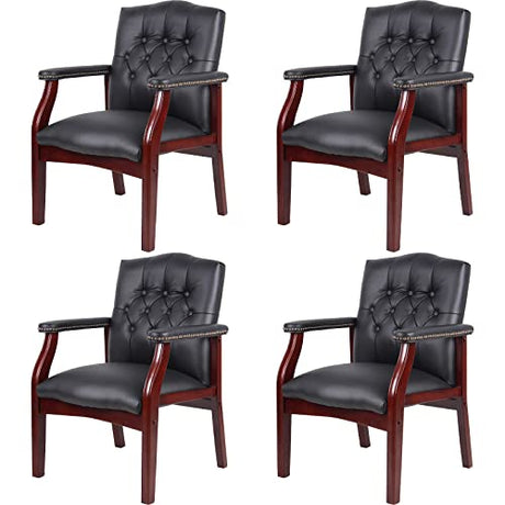 Black Leather Office Chairs Set of 4 -High Back Ergonomic Executive Guest Chairs for Reception, Multi-Scene Use (Waiting Room, Meeting, Conference, Lobby, Conference, Church) No Wheels with Arm Design SLEERWAY