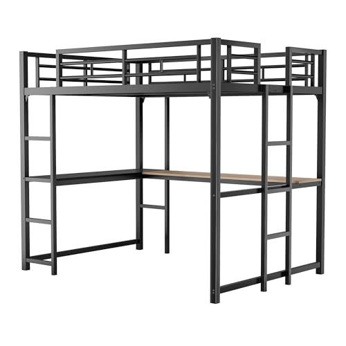 KMBOHE Full Size Loft Bed with Desk and Shelves, Metal Loft Bed with Ladder and Guardrails, Loft Bed Frame for Bedroom, Black KMBOHE