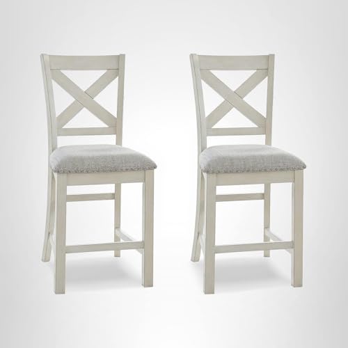 Signature Design by Ashley Robbinsdale Farmhouse Upholstered Barstool, Set of 2, X-Back, Nailhead Trim, Wood, 24.75" H, White & Light Gray Signature Design by Ashley