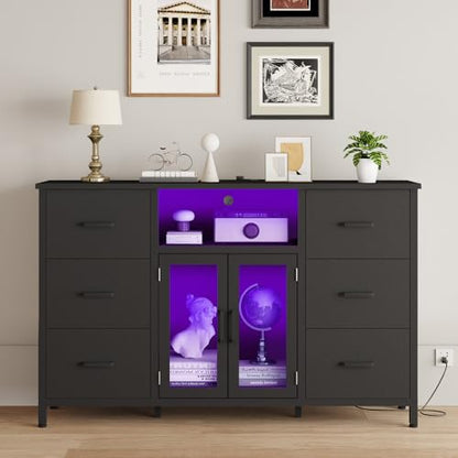 FFBCFDK Black Dresser for Bedroom Dresser TV Stand with Charging Station for 60" TV Long 6 Drawer Dresser for Bedroom with LED Light Large Fabric Dresser Organizer Unit Tall Chest of Drawers for Kids