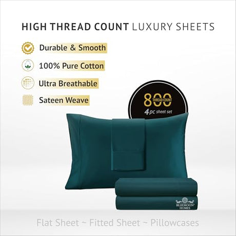Hotel Bedding Queen Size Set Luxury 4-Piece Sheets 800 Thread-Count 100% Egyptian Cotton Sheet Single Ply Long-Staple Yarns Sateen Weave Fits Mattress Upto 16'' Deep Pocket Bed Sheet(Teal) Bluemoon Homes