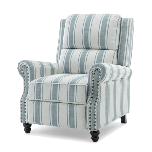 Qatiby Pushback Recliner Chair, Comfy Fabric Wingback Recliner Chair, Upholstered Armchair Push Back Recliner with Wood Legs, Rivet Trim Single Sofa Accent Chair for Living Room, Bedroom, Blue Stripe