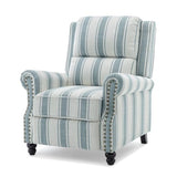 Qatiby Pushback Recliner Chair, Comfy Fabric Wingback Recliner Chair, Upholstered Armchair Push Back Recliner with Wood Legs, Rivet Trim Single Sofa Accent Chair for Living Room, Bedroom, Blue Stripe