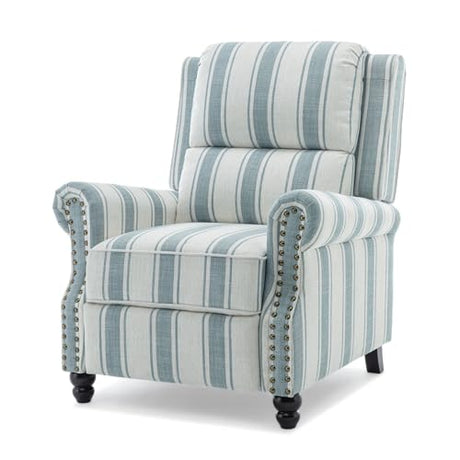 Qatiby Pushback Recliner Chair, Comfy Fabric Wingback Recliner Chair, Upholstered Armchair Push Back Recliner with Wood Legs, Rivet Trim Single Sofa Accent Chair for Living Room, Bedroom, Blue Stripe Qatiby