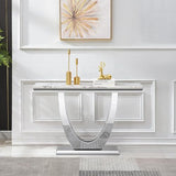 White Marble Console Table with Mirrored Stainless Steel U-Shaped Base, Faux Marble Top, Modern Design for Entryway, Hallway, Living Room, Silver Kootlena