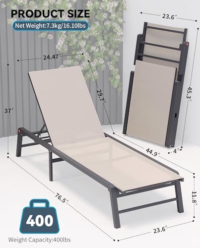 FHVIT Aluminum Chaise Lounge Chair Outdoor, Foldable Patio Lounge Chair Assemble-Free, Pool Lounge Chairs with 5 Adjustable Backrest, Outdoor Lounge Chairs for Outside Poolside Beach Lawn Beige FHVIT