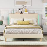Bestier Queen Bed Frame with Adjustable Headboard & LED Lighting, Corduroy Upholstered Platform Bed Frame with Storage Shelf, Solid Wood Slats, No Box Spring Needed, Never Squeak, Easy Assembly, Beige Bestier