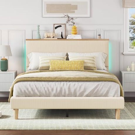 Bestier Queen Bed Frame with Adjustable Headboard & LED Lighting, Corduroy Upholstered Platform Bed Frame with Storage Shelf, Solid Wood Slats, No Box Spring Needed, Never Squeak, Easy Assembly, Beige Bestier