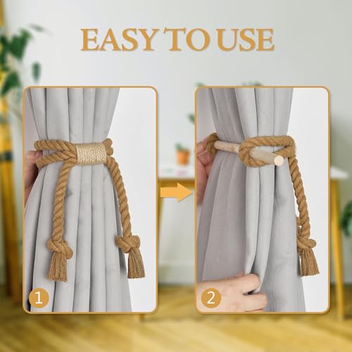 NICEEC 2 Pack Natural Cotton Rope Curtain Tiebacks Boho Rustic Style Decorative Drape Tie Backs Farmhouse Hand-Woven Rope Curtain Holdbacks with Wood Club for Home & Office Drapery (Cotton knot-Khaki)