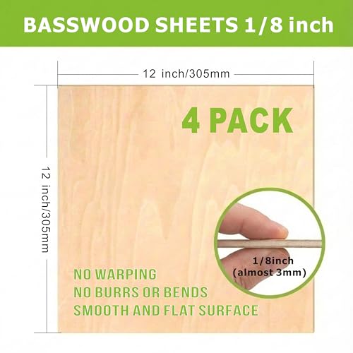 Baccraniate 4 Pack Basswood Sheets 1/8",12"x12" Basswood for Laser Cutting with Smooth Surface,for Laser Cutting,Engraving,Burning,DIY Models,Burning,Painting Baccraniate