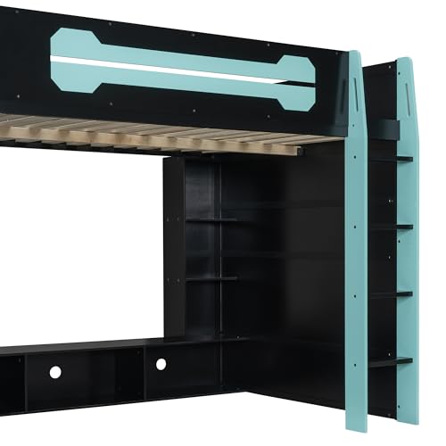 KLMM Modern Full Size Wood Gaming Loft Bed with Desk and Charging Station, Multi-Storage Shelves and LED,for Kids Teens Adults Bedroom Use (Cloud Blue#RGB, Full) KLMM
