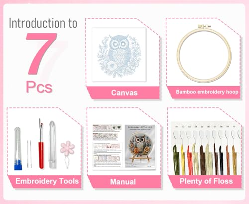 Huacan Embroidery Kit for Beginners Adults Includes Stamped Owl Pattern, Hoop, Color Threads,Tools,Easy to Follow Instruction