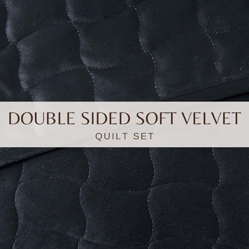 Great Bay Home Twin Size Velvet Quilt and Sham Set - Dual-Sided Luxury Velvet, Heavyweight 2-Piece Bedding Set - Ultra Soft, Quilted Box-Stitched and Down-Alternative Fill (Twin/Twin XL, Black) Great Bay Home