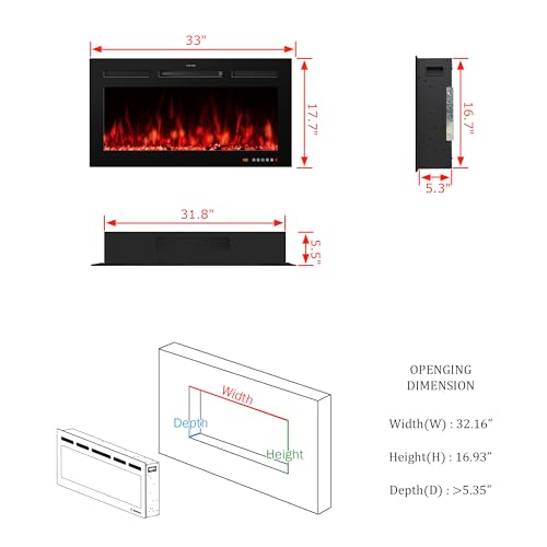 VINEMOUNT 33" Smart Electric Fireplaces Inserts, Remote & Touch Screen & APP Control, Recessed & Wall-Mounted Fireplace Heater VINEMOUNT