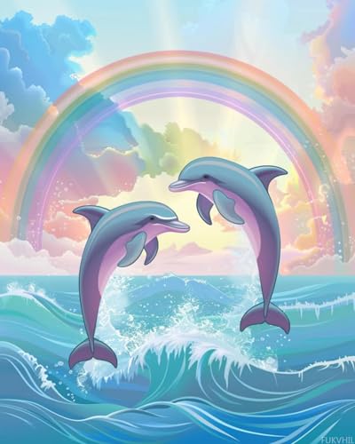 FUKVHIL Dolphin Paint by Numbers Kit for Adults, Cute Animal Paint by Number on Canvas, Scenery Digital Oil Painting Kits Suitable for Home Wall Decoration Gift 20"x16" FUKVHIL