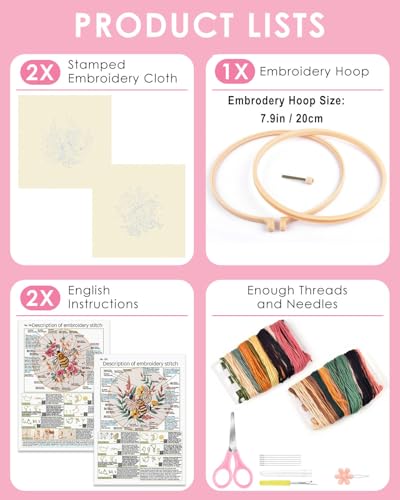 TINDTOP 2 Pack Embroidery Kit for Adult, Embroidery DIY Starter Kit, with Stamped Patterns, Hoop, Tools, Colorful Threads with Needles, Instructions (Bee) TINDTOP