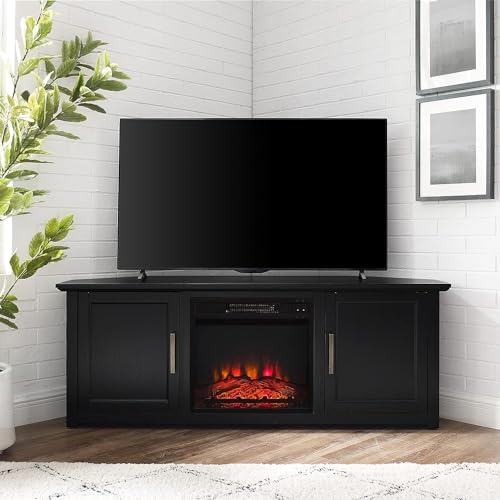 HomeStock Art Deco Dreams 58-inch Corner TV Stand with Electric Fireplace, Black - 20" D x 58" W x 22" H, Freestanding, Brass Effect Finish HomeStock