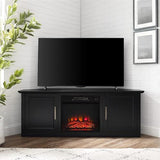 HomeStock Art Deco Dreams 58-inch Corner TV Stand with Electric Fireplace, Black - 20" D x 58" W x 22" H, Freestanding, Brass Effect Finish HomeStock