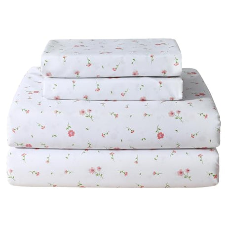 Softan Pink Floral Full Sheet Set Flower Printed Bed Sheets Double - 4 Piece Microfiber Patterned Fitted Bed Sheets with 15" Deep Pocket & Straps, Cozy Cute Pink Sheets and Pillowcase Set Softan