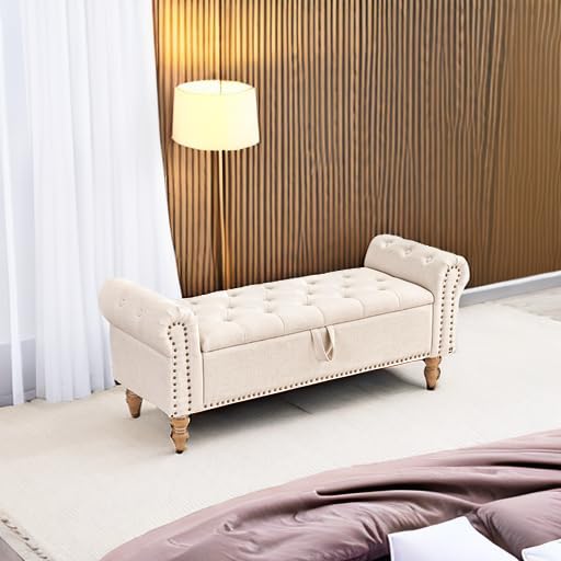 Furniliving 51” Storage Bench, End of Bed Bench with Button-Tufted Large Upholstered Storage Ottoman Linen Window Bench with Storage Shoe Cabinet Bench, for Bedroom, Entryway, Closet, Beige Furniliving