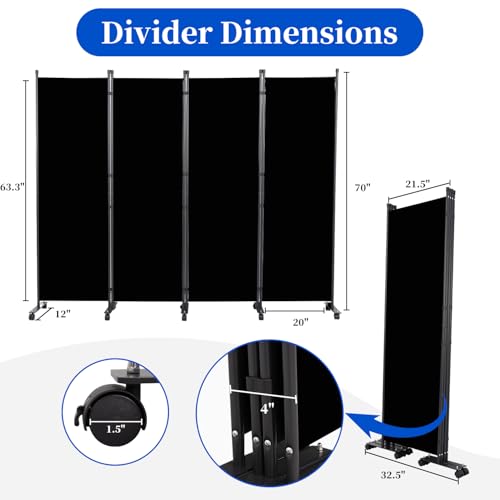 Room Divider 6FT Room Partition with Lockable Wheels, (Thicked Metal Base) Room Dividers, Freestanding Indoor Folding Privacy Screens, Portable Fabric Wall Divider for (Black, 88"- 4 Panel) JVVMNJLK