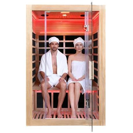 Iwoodhome Canadian Hemlock 2 Person Infrared Sauna with Red Light Therapy, Bluetooth, 1760W 120V Low EMF with Control Pane Home Indoor Dry Sauna Room for Gym & Spa 2Person 47.2" W x 39.4" D x 72" H IWOODHOME