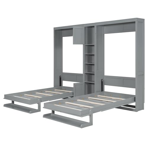 Merax Dual Twin Size Murphy Bed, Twin Wall Beds with Cabinets and Shelves, Gray Merax