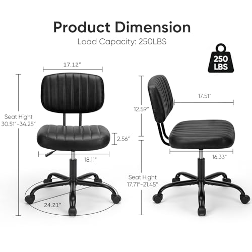 DUMOS Armless Office Desk Chair, Small Height Adjustable Computer Task Chair with Low Back Lumbar Support and 360° Swivel Rolling Wheels for Small Space, Kids and Adults, Dark Black DUMOS