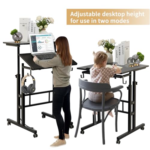 SIDUCAL Mobile Standing Desk, Portable Stand Up, Small Adjustable Converter with Wheels Home Office Workstation, Rolling Desk Laptop Cart for Standing or Sitting, Black SIDUCAL