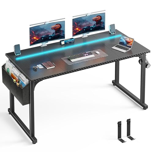 DurayLoly 55 Inch Gaming Desk with LED Lights,Computer Desk with Storage Bag for Home Office, Simple Office Desk with Headphone Hook for Study Writing Work Desk,Sturdy Metal Frame,Black DurayLoly