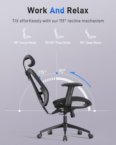 amseatec Ergonomic Office Desk Chair, Comfortable Computer Gaming Chair, Breathable Mesh Back & Seat, Adjustable Armrest & Headrest, Lumbar Support, Butterfly Design for Home Office (Black) amseatec