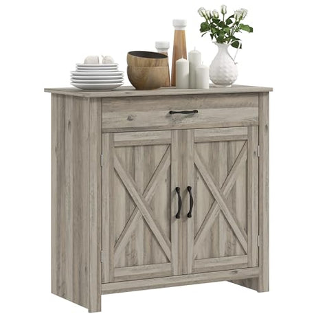 HOMCOM Farmhouse Sideboard Buffet Cabinet, Barn Door Style Kitchen Cabinet, 32" Accent Cabinet for Kitchen, Living Room or Entryway, Gray Wash HOMCOM