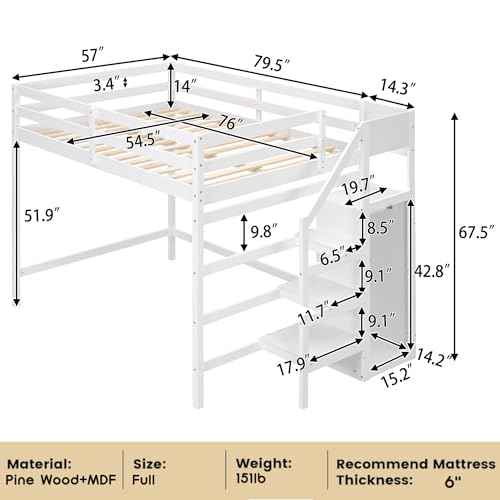 Bellemave Full Size Loft Bed with Stairs and Built-in Storage Wardrobe, Wood Loft Bed Frame with Storage Shelves and Hanging Rod White Loft Beds for Kids Boys Girls Adults Teens Dorm Bedroom Bellemave