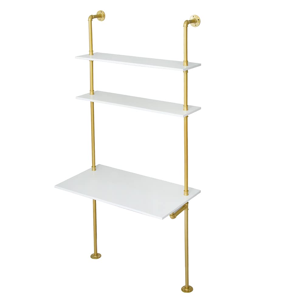 MAIKAILUN White and Gold Desk, 36" Ladder Desk, Wall Mount Computer Writing Table Pipe Shelf Shelving Mini Narrow Industrial Modern for Small Spaces(36x20x81) MAIKAILUN