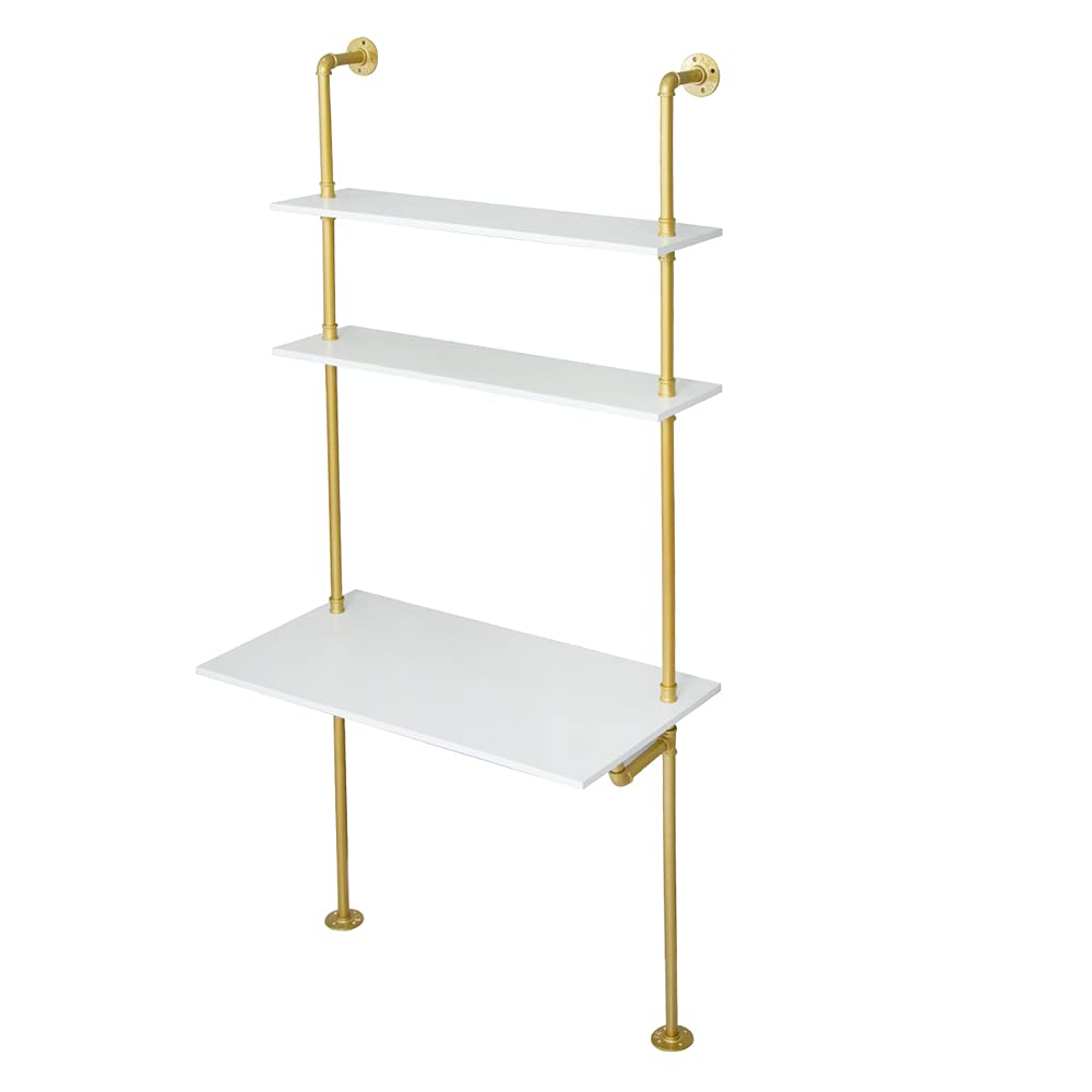 MAIKAILUN White and Gold Desk, 36" Ladder Desk, Wall Mount Computer Writing Table Pipe Shelf Shelving Mini Narrow Industrial Modern for Small Spaces(36x20x81) - WoodArtSupply