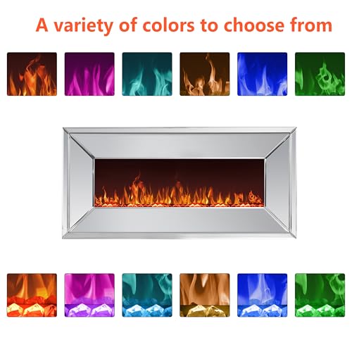 blingworld 36" Silver Mirrored Electric Fireplace, Modern Wall Mounted Electric Fireplace with Crushed Diamond Inlay, Freestanding Heater with Remote Control, 400 sq ft Heating Coverage blingworld