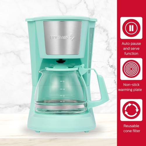 Holstein Housewares - 5 Cup Drip Coffee Maker - Convenient and User Friendly with Permanent Filter, Borosilicate Glass Carafe, Water Level Indicator, Auto Pause/Serve and Keep Warm Functions, Mint Holstein Housewares