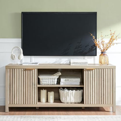 OAKHAM HOME Fluted TV Stands for Living Room, Heavy Duty Entertainment Center with Storage, Mid Century Modern Television Stands for 50/55/60/65 TV, Oxford Media TV Console (Sunwashed Ash Oak - WoodArtSupply