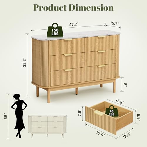 Pamapic Fluted Sideboard Buffet Cabinet, 47" Storage Cabinet with Curved Profile Design & Faux Marble Top, Modern Credenza with 6 Drawers, Wood Buffet Console Table for Living Room, Hallway, Natural Pamapic