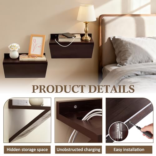 Fiwochic 2 Pack 13 x 7 x 5.5 Inch Floating Nightstand Wooden Bedside V Shape Wall Shelf Wall Mounted Hanging Floating Side Tables Bedroom for Bedroom, Living Room, Bathroom, Kitchen, Office Fiwochic