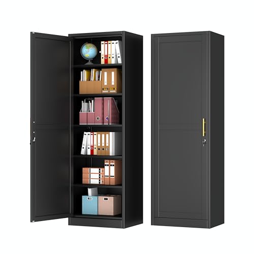 Lusiwry Tall Narrow Slim Metal Storage Cabinet with Lock and 5 Adjustable Shelves,Steel File Cabinets,Kitchen Pantry Cabinet Locker Organizer - 67" Storage Cabinets for Bathroom,Bedroom,Office,Black Lusiwry