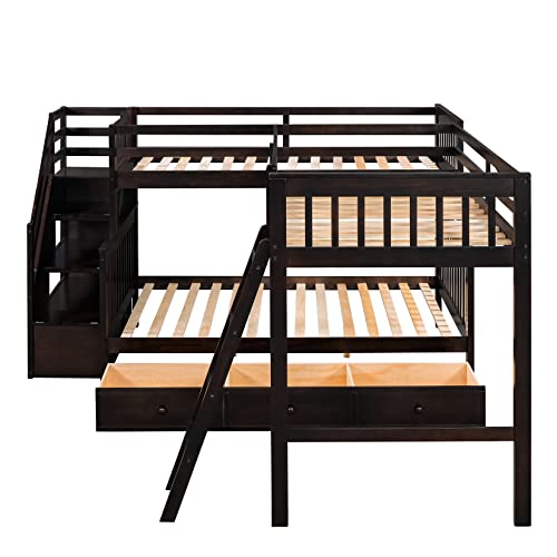 TMAXX Quad Bunk Bed Twin Over Twin Wood L-Shaped Bunk Bed Compatible with 4 Boys Girls Teens, Gray ，Queen Bed, Espresso, YY-991 TMAXX