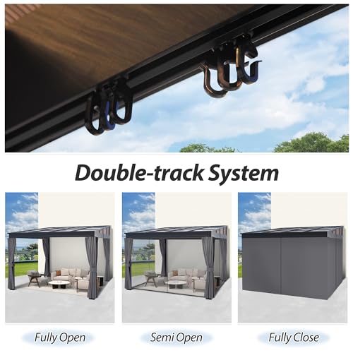 QZEN 10' x 10' Hardtop Lean to Gazebo, Wall Mounted Gazebo with Sloping Polycarbonate Roof and Netting & Curtain, Aluminum Frame Gazebo for Garden, Lawn, Backyard Deck (10’x10’) QZEN