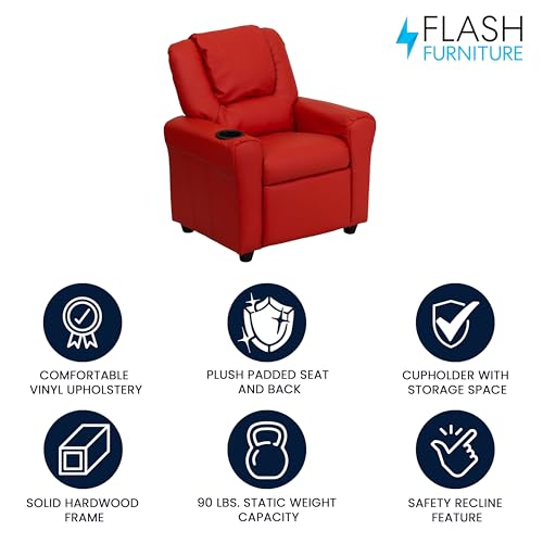Flash Furniture Vana Vinyl Kids Recliner with Cup Holder, Headrest, and Safety Recline, Contemporary Reclining Chair for Kids, Supports up to 90 lbs., Red
