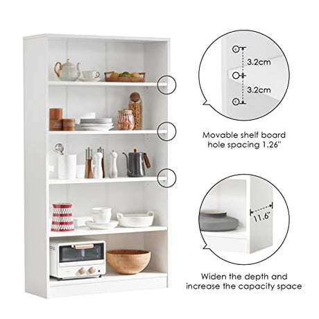 Farini Modern White 5-Tier Bookshelf - Adjustable Wood Bookcase for Bedroom, Office, or Living Room Farini