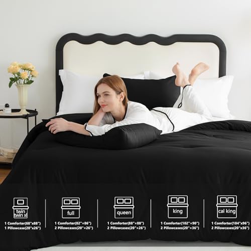 CozyLux Queen Comforter Set Black, 3 Pieces Solid Comforters Queen Size Breathable Quilted Bedding Sets, Luxury Soft Microfiber Down Alternative Comforter for All Season (1 Comforter & 2 Pillowcases) CozyLux