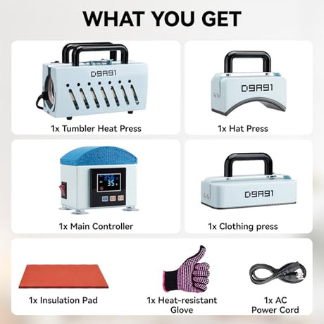 D9A91 3 in 1 Heat Press Machine, Hat Press Machine and Tumbler Heat Press Machine. for Caps, T-Shirt & More, 11-30oz Mug Press, Heat Up Fast and Even,No Crease, LCD Digital Temperature -Light Blue D9A91