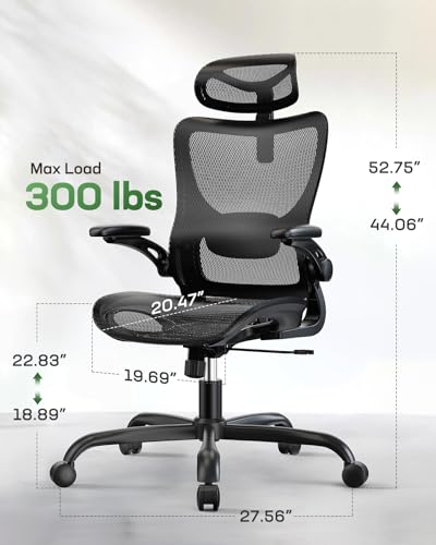Marsail Ergonomic Mesh Office Chair High Back Home Office Desk Chair with Adaptive Lumbar Support, 2D Headrest, 3D Flip-Up Armrests, Height Adjustable and Rocking Tilt for Home Office and Gaming Marsail