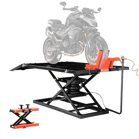 VEVOR Motorcycle Lift Table, 1500lbs Weight Capacity, Pneumatic Motorcycle Jack, 8.6-31 in Height Range, Heavy Duty Bike Repair Stand with Removable Workbench, Repair Platform for ATVs, Dirt Bike VEVOR