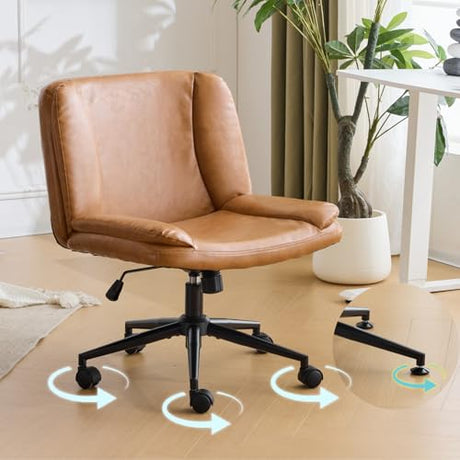 VINGLI Criss Cross Thick Padded Armless Comfy Desk Chair with Dual-Purpose Base,Adjustable Swivel Modern Vanity Chair,Rolling for Home Office, Computer,Task,Makeup,Waxed PU,Brown VINGLI